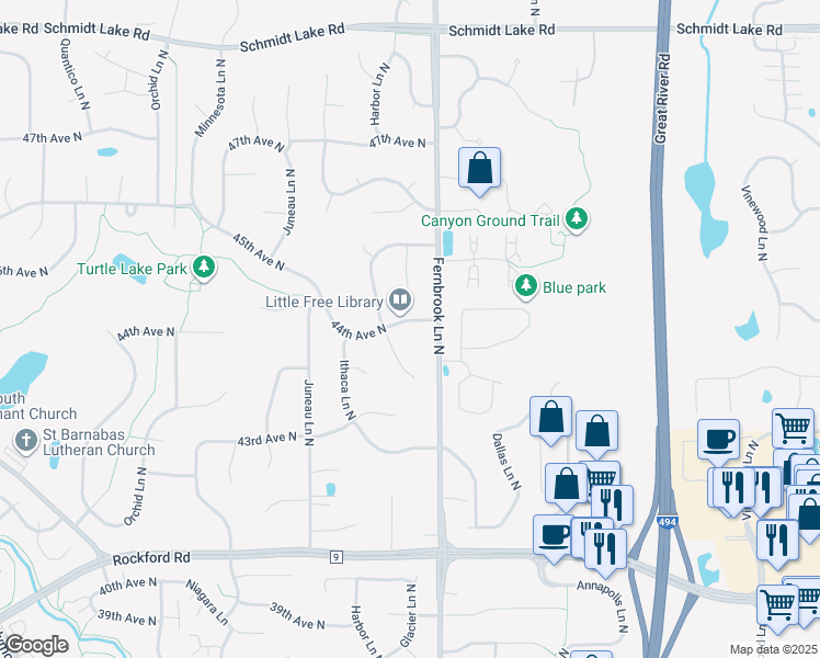 map of restaurants, bars, coffee shops, grocery stores, and more near 14300 44th Avenue North in Minneapolis