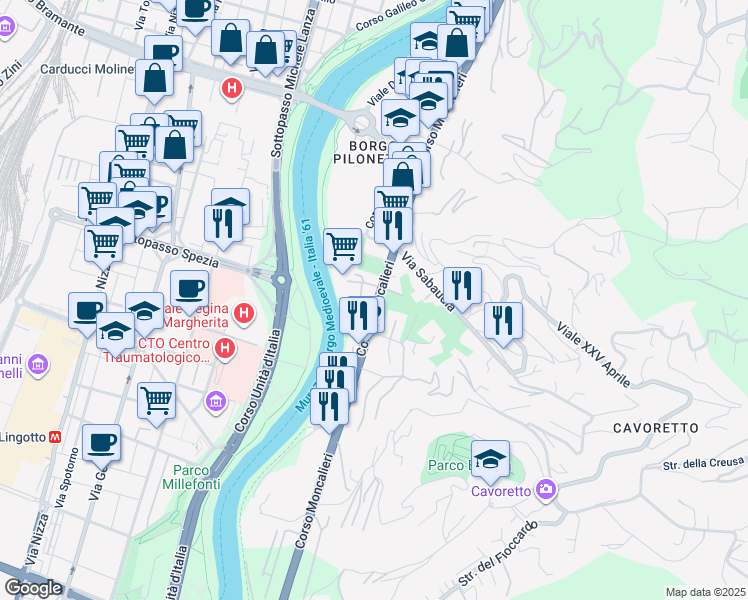 map of restaurants, bars, coffee shops, grocery stores, and more near 12 Via Villa Glori in Turin