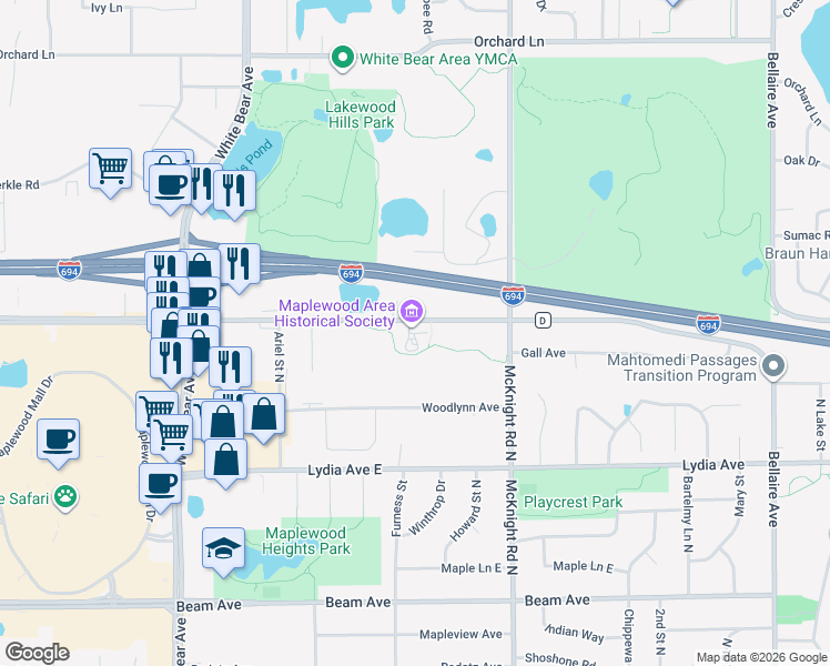 map of restaurants, bars, coffee shops, grocery stores, and more near 2170 County Road D East in Maplewood