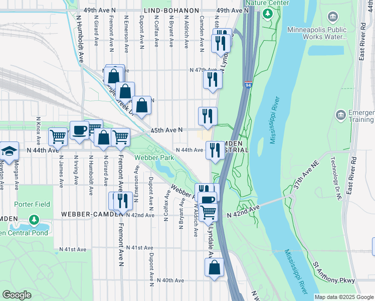 map of restaurants, bars, coffee shops, grocery stores, and more near N Aldrich Ave & N 44th Ave in Minneapolis