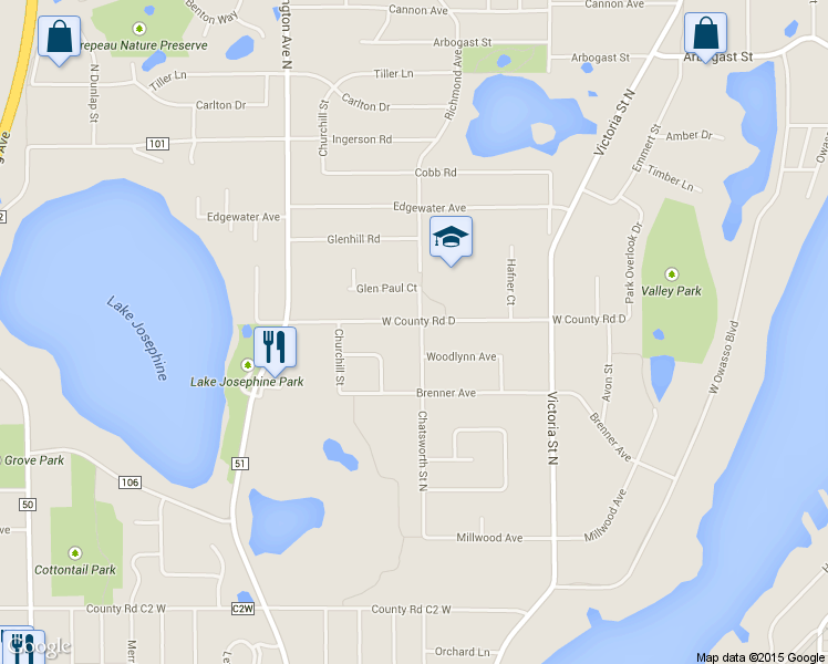 map of restaurants, bars, coffee shops, grocery stores, and more near 999 West County Road D in Shoreview
