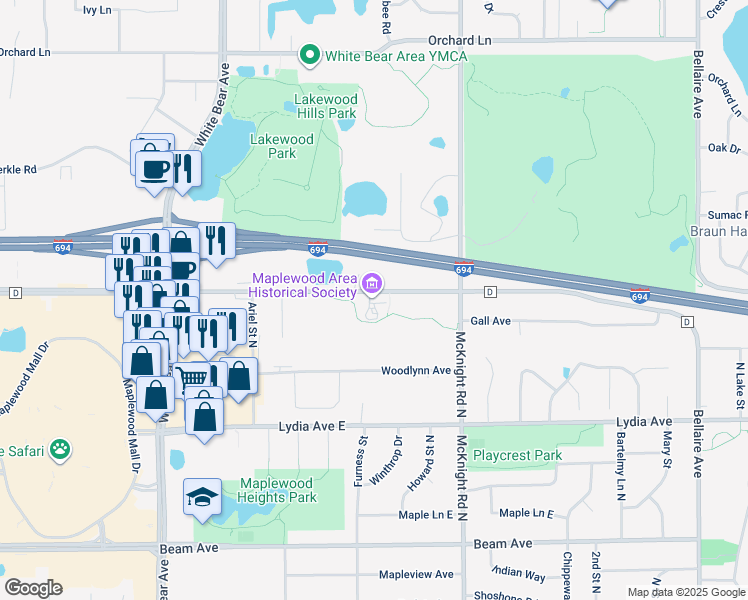 map of restaurants, bars, coffee shops, grocery stores, and more near 2170 County Road D East in Maplewood