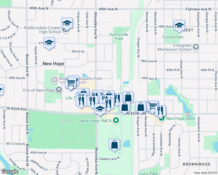 map of restaurants, bars, coffee shops, grocery stores, and more near 4425 Rhode Island Avenue North in New Hope