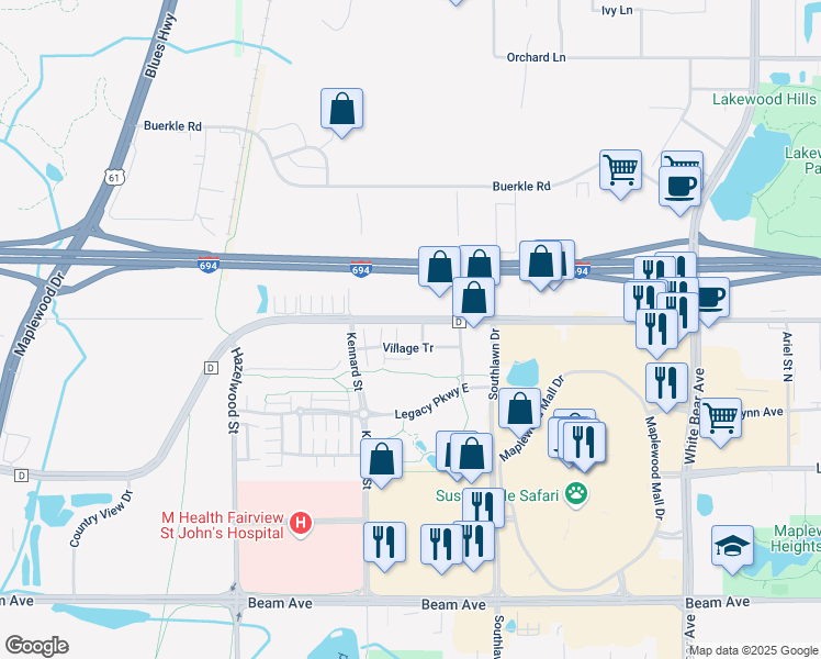 map of restaurants, bars, coffee shops, grocery stores, and more near 1691 Village Trail East in Maplewood