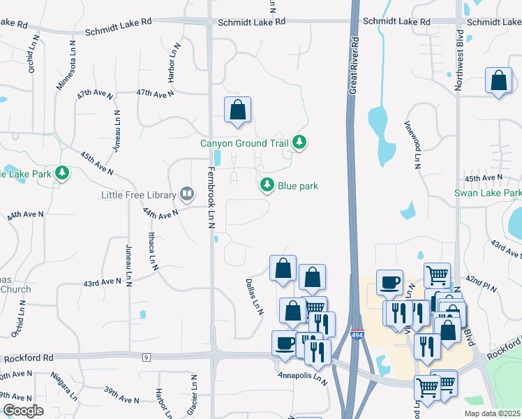 map of restaurants, bars, coffee shops, grocery stores, and more near 14224 43rd Avenue North in Minneapolis
