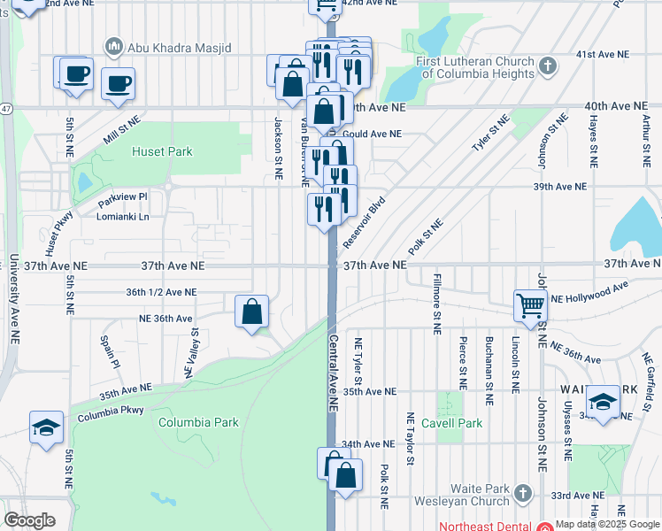 map of restaurants, bars, coffee shops, grocery stores, and more near Central Ave NE & 37th Ave NE in Columbia Heights