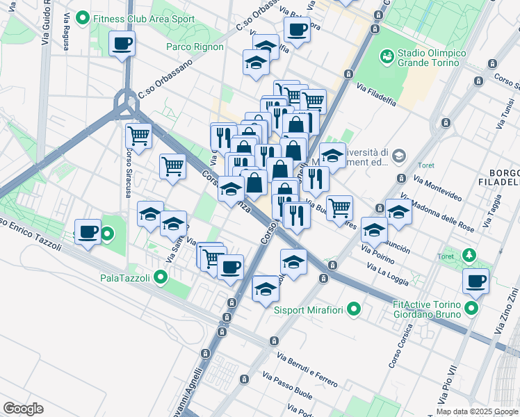 map of restaurants, bars, coffee shops, grocery stores, and more near 46 Corso Cosenza in Turin