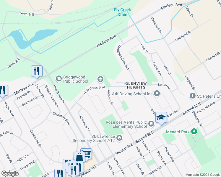 map of restaurants, bars, coffee shops, grocery stores, and more near 548 Anthony Street in Cornwall