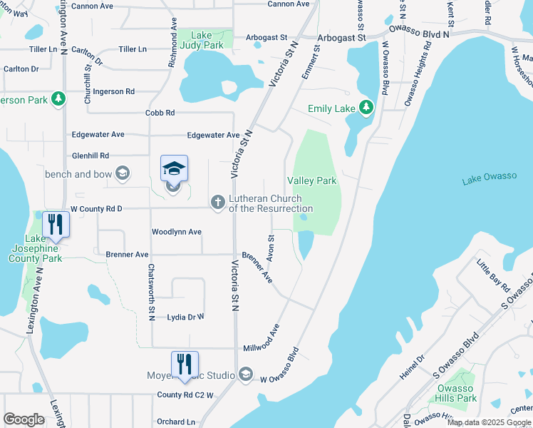 map of restaurants, bars, coffee shops, grocery stores, and more near 800 West County Road D in Saint Paul
