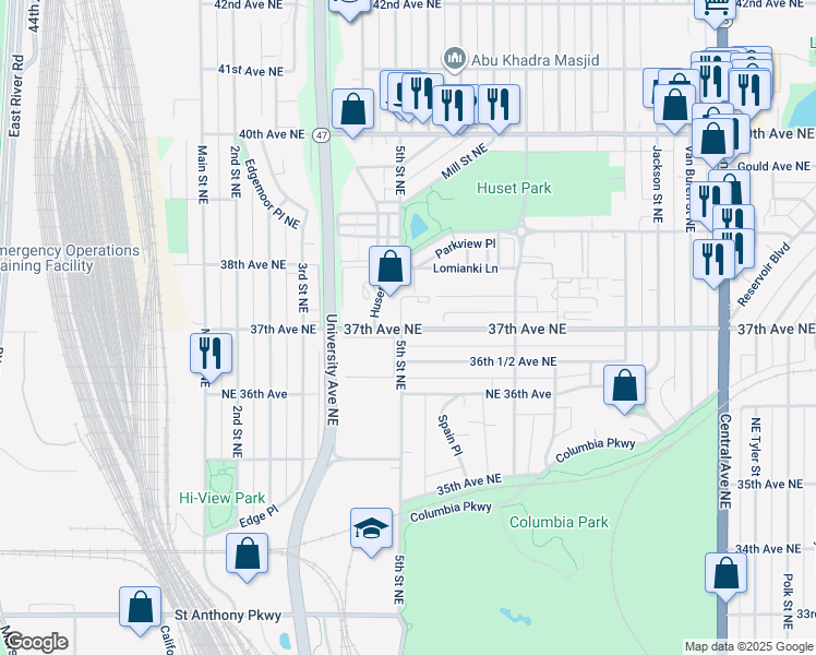 map of restaurants, bars, coffee shops, grocery stores, and more near 500 38th Avenue Northeast in Columbia Heights