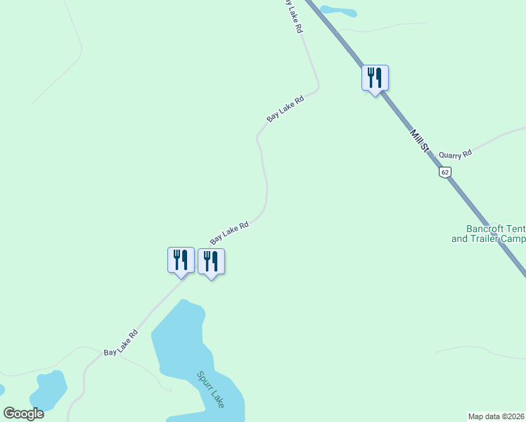 map of restaurants, bars, coffee shops, grocery stores, and more near Bay Lake Road in Harcourt