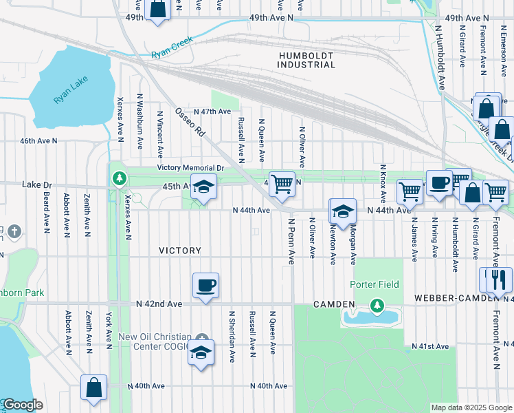 map of restaurants, bars, coffee shops, grocery stores, and more near 4411 North Queen Avenue in Minneapolis