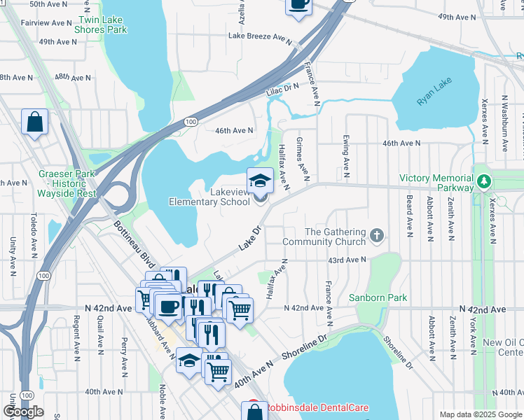 map of restaurants, bars, coffee shops, grocery stores, and more near 4110 Lake Drive in Robbinsdale