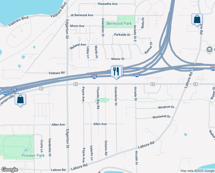 map of restaurants, bars, coffee shops, grocery stores, and more near 3118 Ontario Road in Little Canada