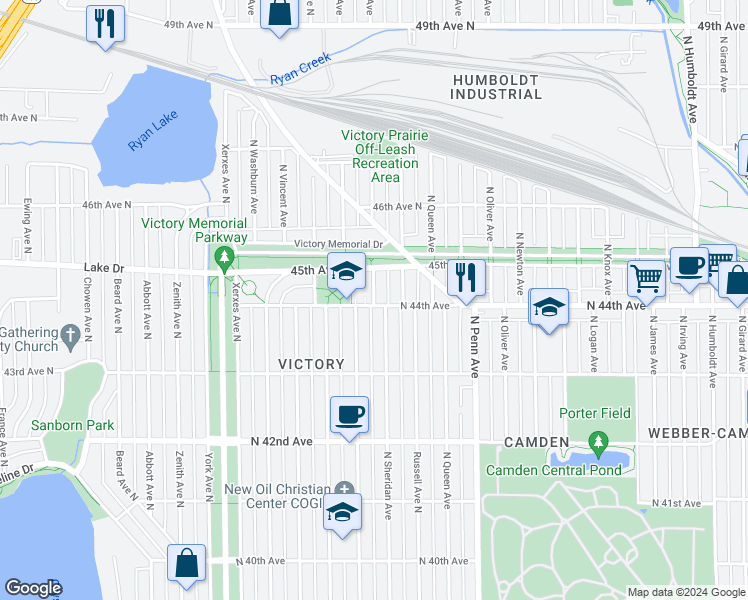 map of restaurants, bars, coffee shops, grocery stores, and more near 2600 North 44th Avenue in Minneapolis