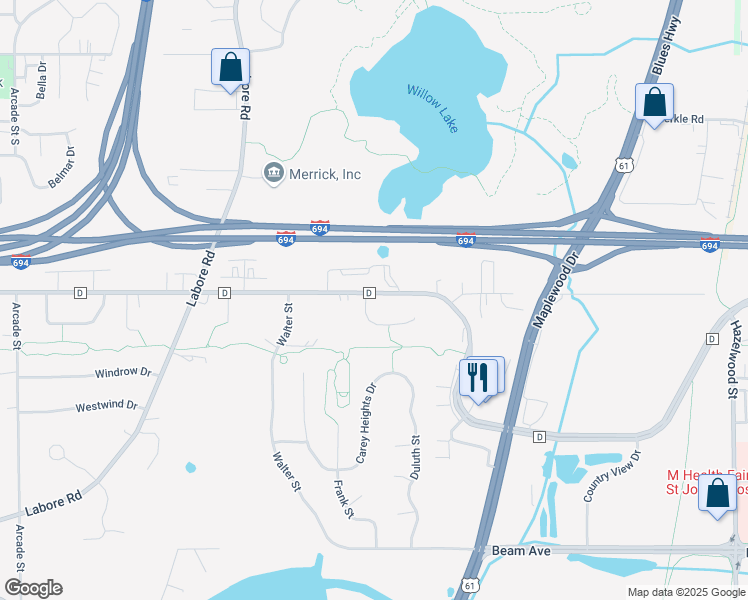 map of restaurants, bars, coffee shops, grocery stores, and more near 1173 Highridge Court in Saint Paul