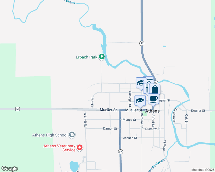 map of restaurants, bars, coffee shops, grocery stores, and more near 521 Kreutzer Street in Athens