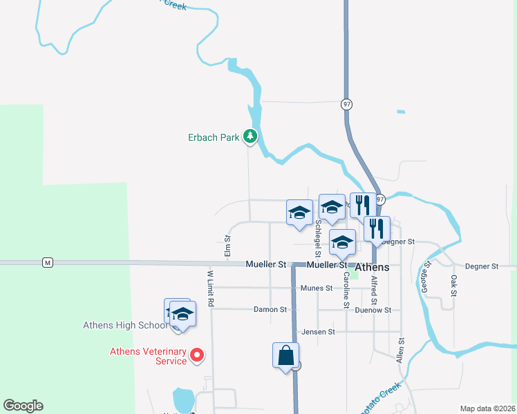 map of restaurants, bars, coffee shops, grocery stores, and more near 521 Kreutzer Street in Athens