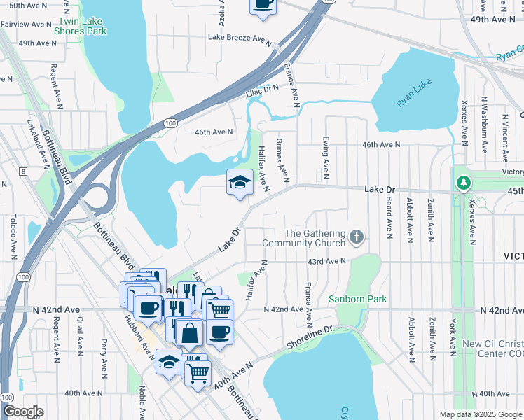 map of restaurants, bars, coffee shops, grocery stores, and more near 4105 Lake Drive in Minneapolis