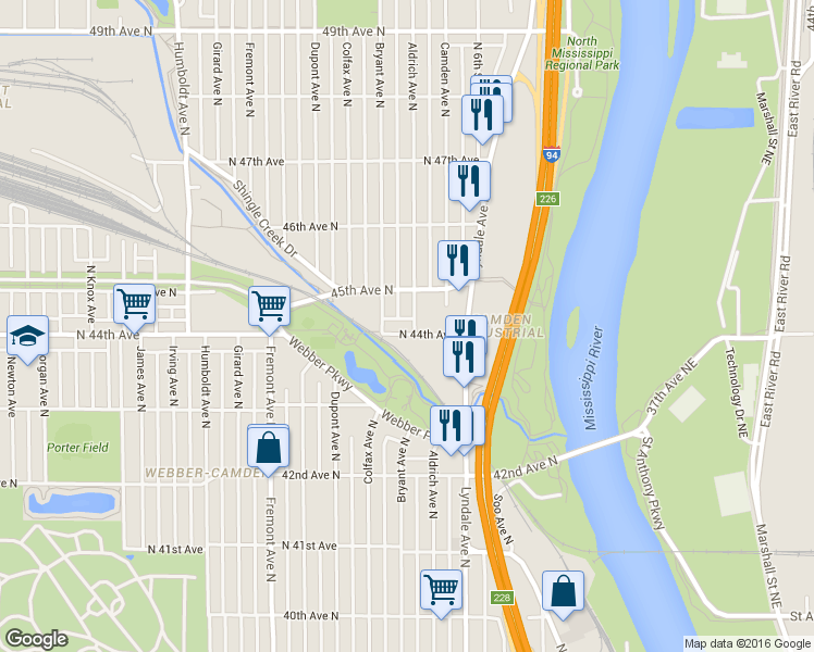 map of restaurants, bars, coffee shops, grocery stores, and more near in Minneapolis