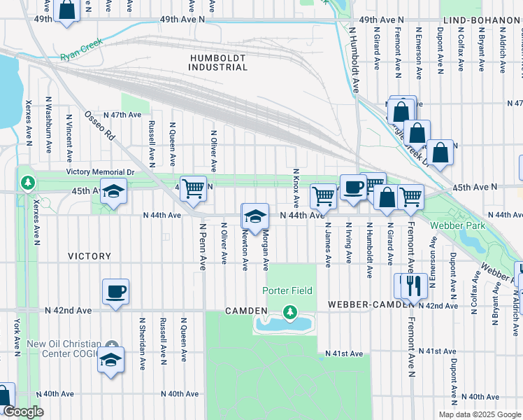 map of restaurants, bars, coffee shops, grocery stores, and more near 4417 North Logan Avenue in Minneapolis