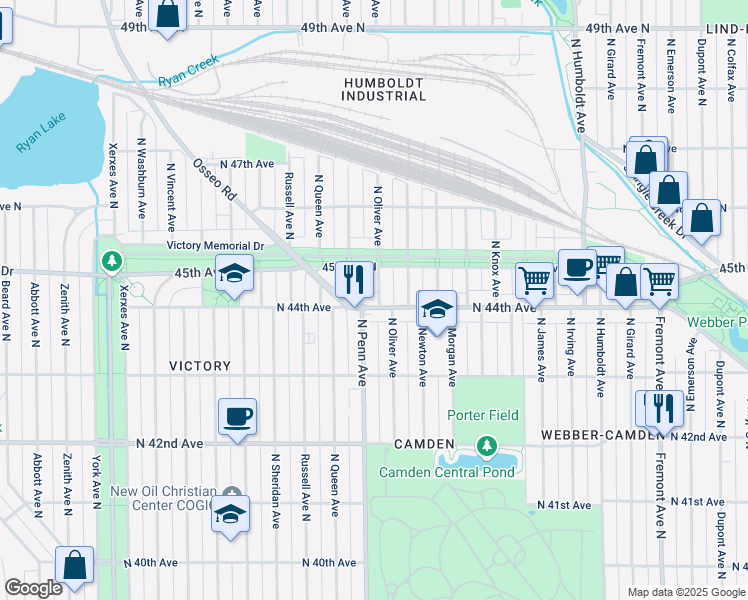 map of restaurants, bars, coffee shops, grocery stores, and more near 4418 North Oliver Avenue in Minneapolis