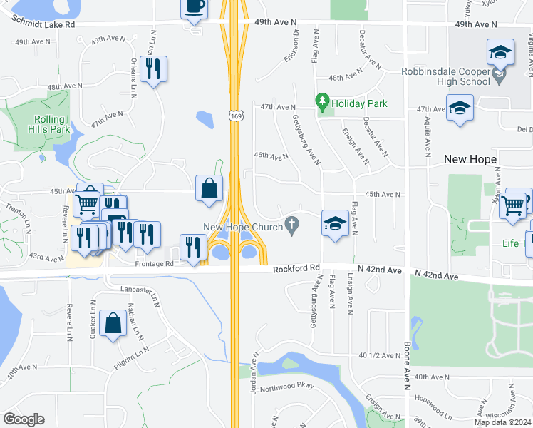 map of restaurants, bars, coffee shops, grocery stores, and more near 4444 Independence Avenue North in Minneapolis