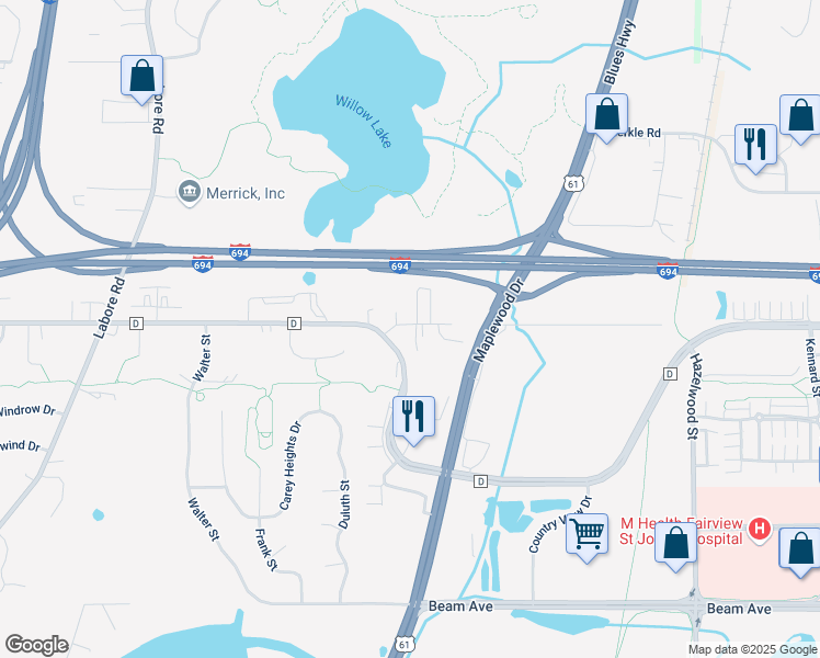 map of restaurants, bars, coffee shops, grocery stores, and more near 1279 County Road D East in Vadnais Heights