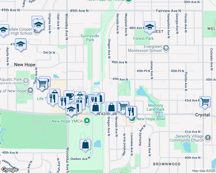 map of restaurants, bars, coffee shops, grocery stores, and more near 4301 Oregon Avenue North in New Hope