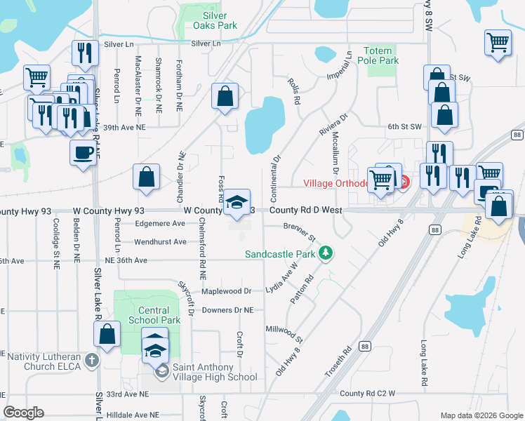 map of restaurants, bars, coffee shops, grocery stores, and more near 3804 Highcrest Road in St. Anthony