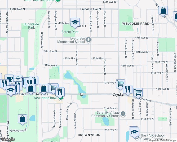 map of restaurants, bars, coffee shops, grocery stores, and more near 6721 45th Avenue North in Minneapolis