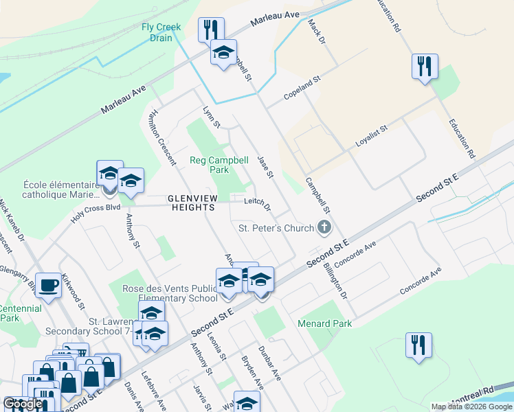 map of restaurants, bars, coffee shops, grocery stores, and more near 437 Leitch Drive in Cornwall
