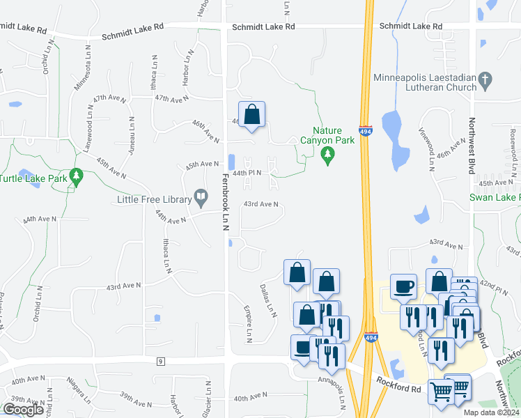 map of restaurants, bars, coffee shops, grocery stores, and more near 14254 43rd Avenue North in Plymouth