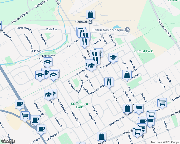 map of restaurants, bars, coffee shops, grocery stores, and more near 1424 Aubin Avenue in Cornwall