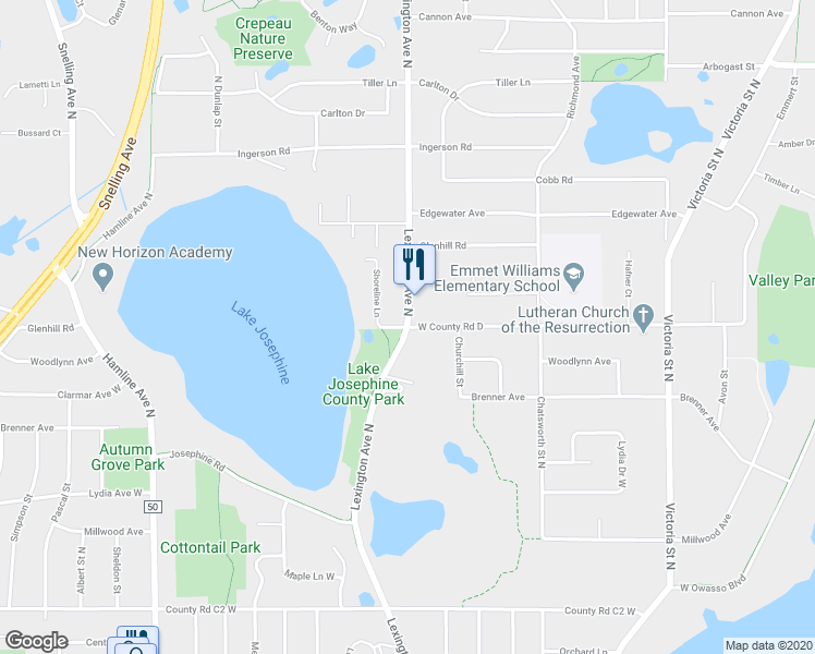 map of restaurants, bars, coffee shops, grocery stores, and more near Lexington Ave N & W County Rd D in Saint Paul