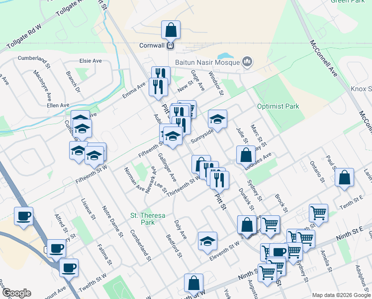 map of restaurants, bars, coffee shops, grocery stores, and more near 1408 A Pitt Street in Cornwall