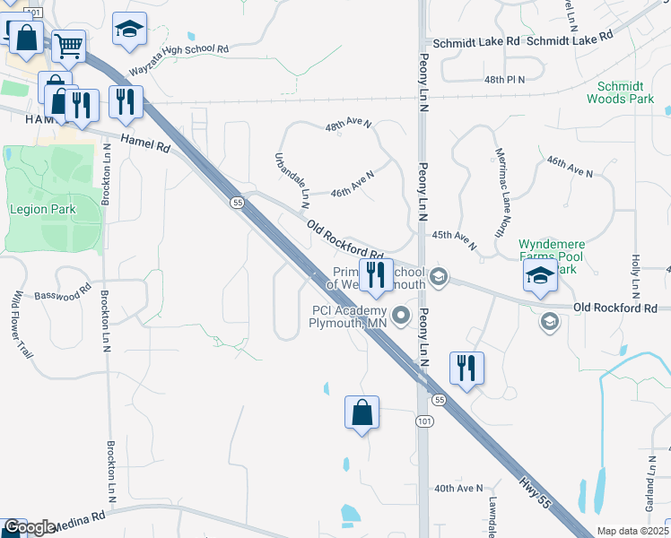map of restaurants, bars, coffee shops, grocery stores, and more near 18255 45th Avenue North in Plymouth