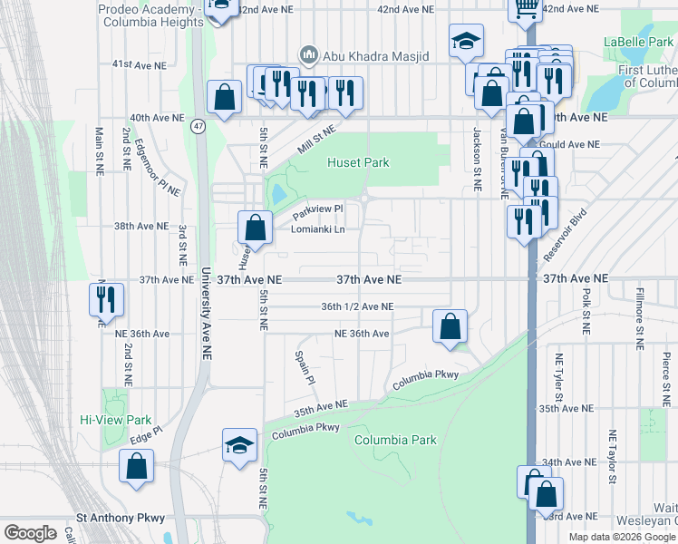 map of restaurants, bars, coffee shops, grocery stores, and more near 589 37th Avenue Northeast in Minneapolis