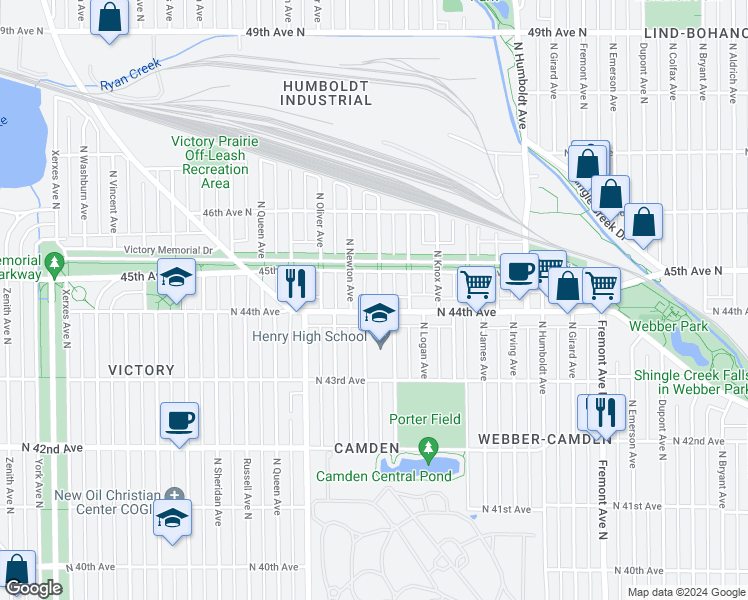 map of restaurants, bars, coffee shops, grocery stores, and more near 2016 North 44th Avenue in Minneapolis