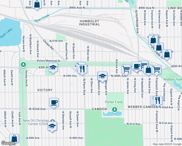 map of restaurants, bars, coffee shops, grocery stores, and more near 4418 North Oliver Avenue in Minneapolis