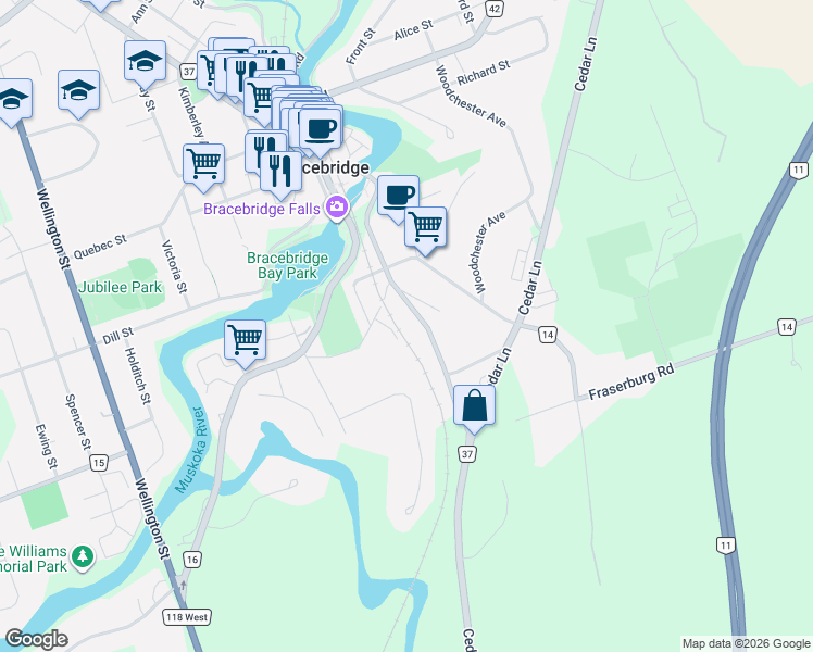 map of restaurants, bars, coffee shops, grocery stores, and more near 101 Entrance Drive in Bracebridge