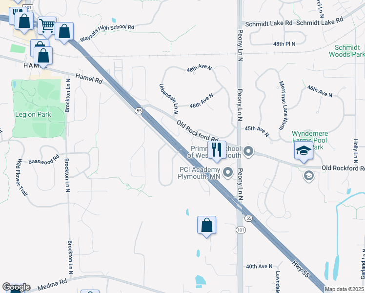map of restaurants, bars, coffee shops, grocery stores, and more near 18220 Olson Memorial Highway in Plymouth