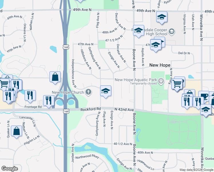map of restaurants, bars, coffee shops, grocery stores, and more near 9008 44th Circle North in Minneapolis