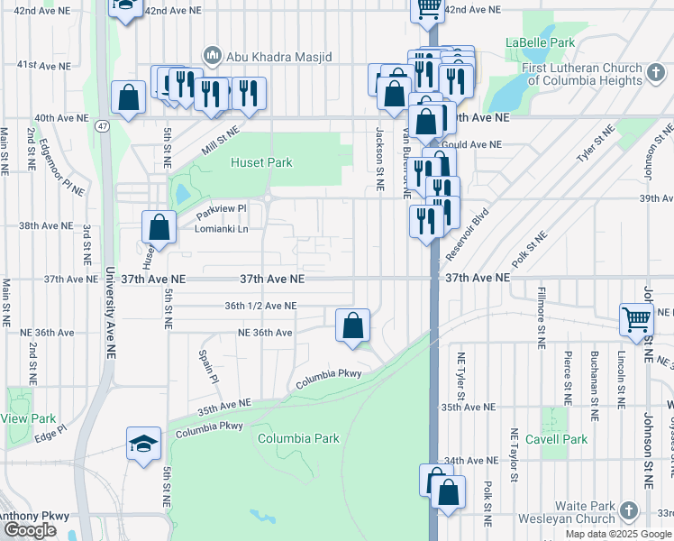 map of restaurants, bars, coffee shops, grocery stores, and more near 711 37th Avenue Northeast in Minneapolis