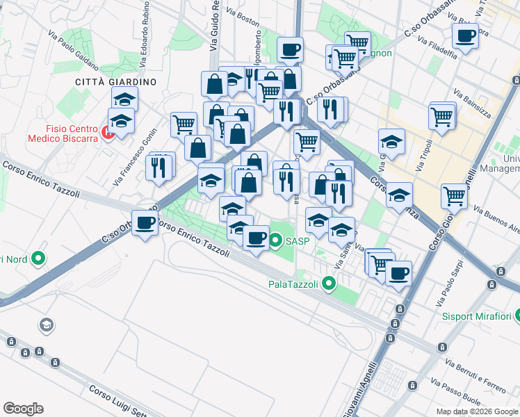 map of restaurants, bars, coffee shops, grocery stores, and more near 22 Via Carlo Alfonso Nallino in Torino
