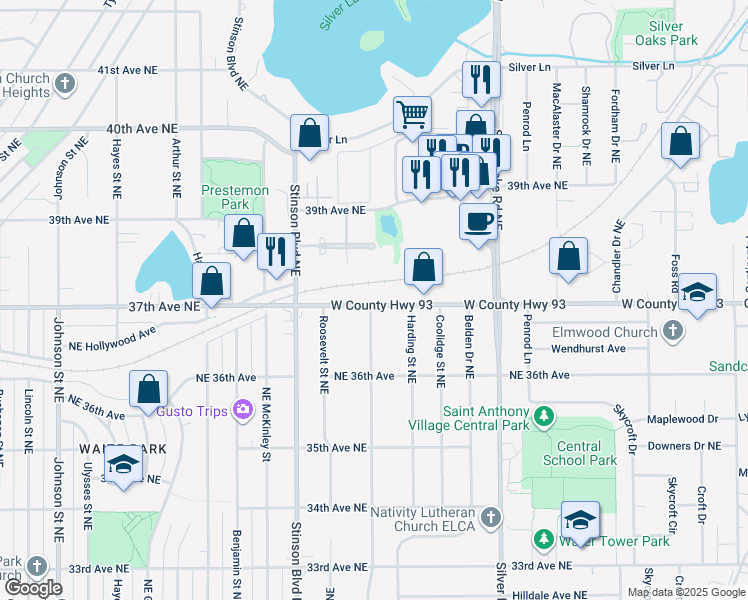 map of restaurants, bars, coffee shops, grocery stores, and more near 2701 37th Avenue Northeast in Saint Anthony