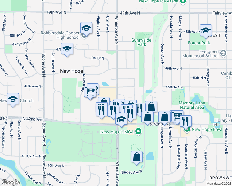 map of restaurants, bars, coffee shops, grocery stores, and more near 4371 Winnetka Avenue North in New Hope