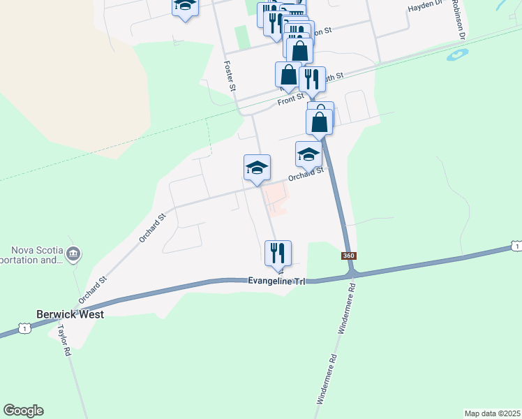 map of restaurants, bars, coffee shops, grocery stores, and more near 55 Brown Street in Berwick