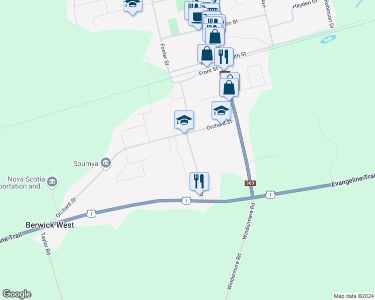map of restaurants, bars, coffee shops, grocery stores, and more near 55 Brown Street in Berwick