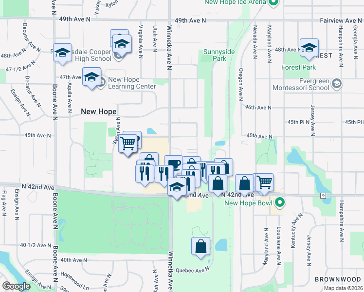 map of restaurants, bars, coffee shops, grocery stores, and more near 7860 44th Avenue North in Minneapolis